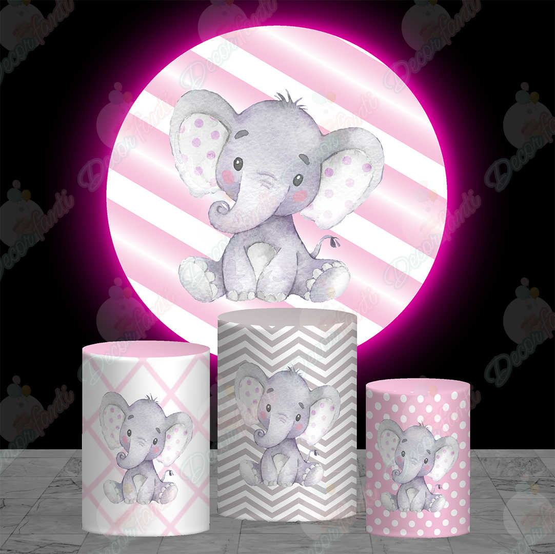 Kit Panel Redondo + 3 Forros de Cilindros Baby Shower Niña Elefante Sentada  – SubliCielo, Fundas Sublimadas
